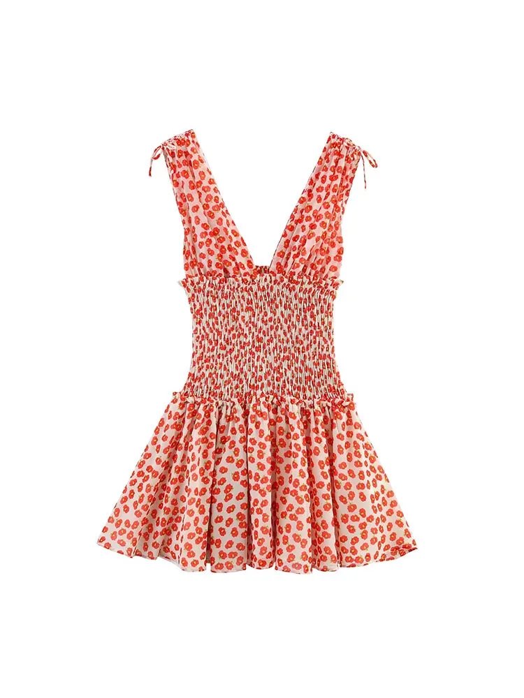 فستان نسائي صيفي قصير بدون أكمام موضة 2025 فساتين شيفون حلوة برقبة على شكل حرف v مطبوعة بفيونكة أنيقة للشارع بخصر مطاطي ملابس #1