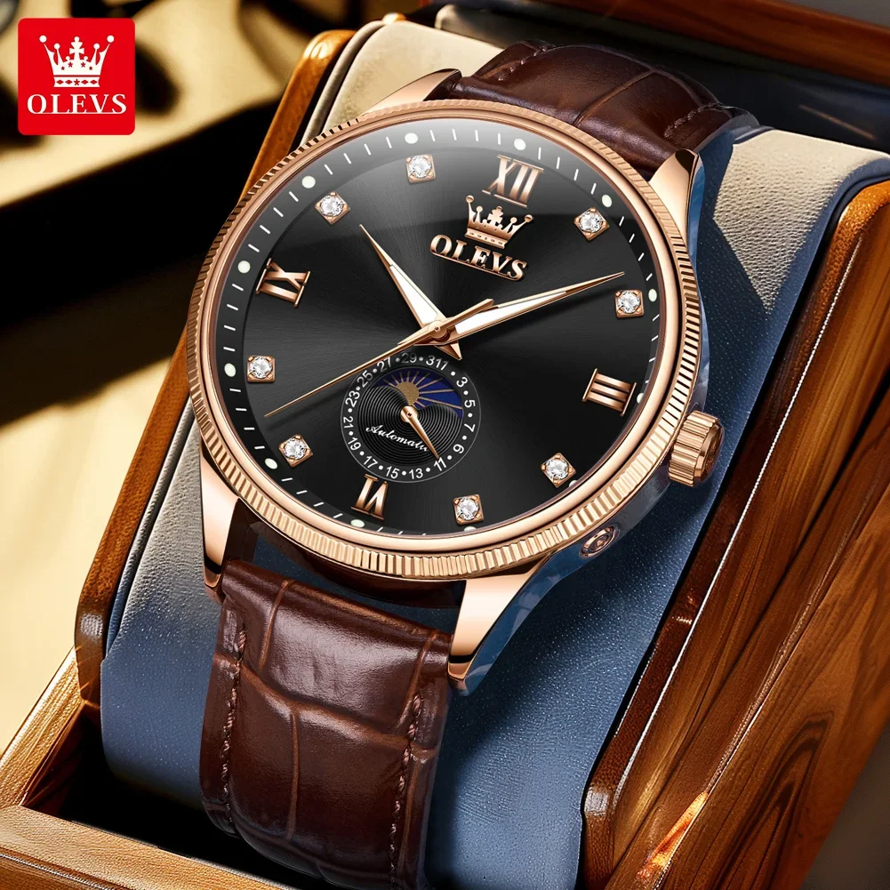 OLEVS Big Dial Automatic Watch Men Top Brand Luxury Leather Mechanical Self Winding Watches for Men Waterproof Wristwatches