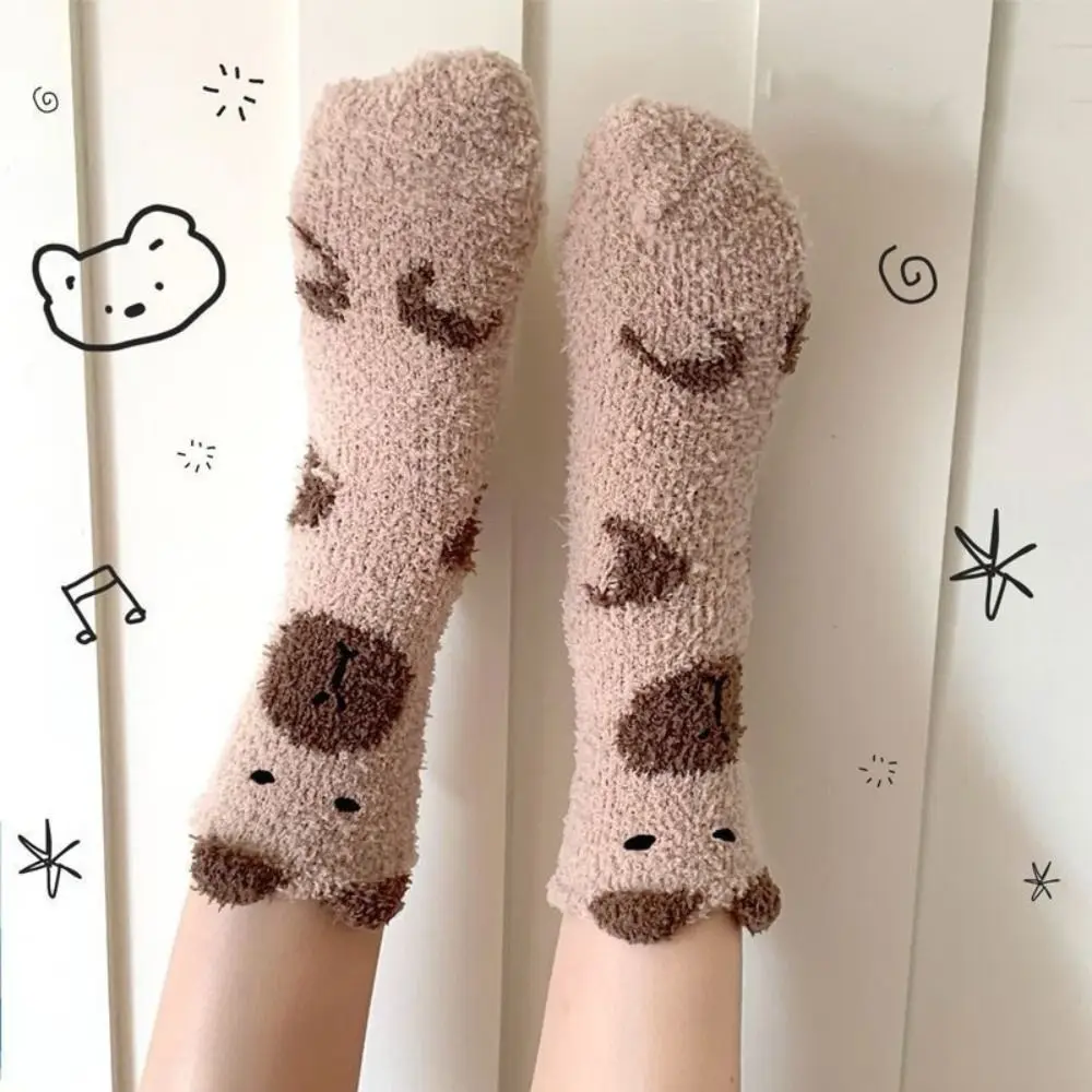 

5Pairs Cute Capybara Fleece Socks Thicken Soft Coral Fleece Socks Kawaii Warm Sleeping Socks Women Fall Winter