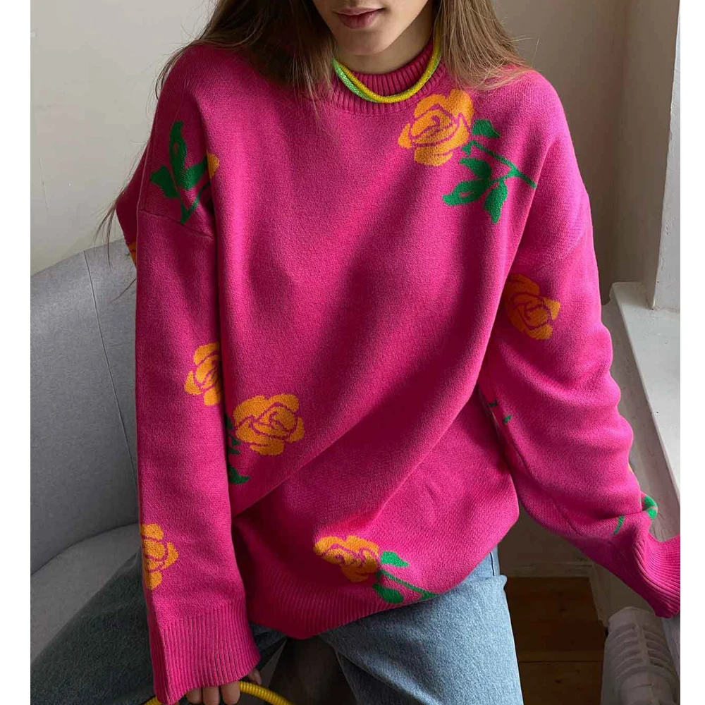 2024 New High Quality Flower Pattern Women Loose Style Sweater Knit Pullovers Winter Clothes Tops For Women Sweater Pull Femme