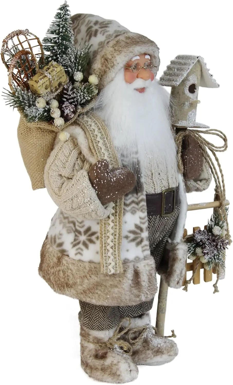 Estatuilla navideña de Papá Noel del bosque de 16 pulgadas con casita de pájaros y abrigo de copo de nieve para decoración navideña