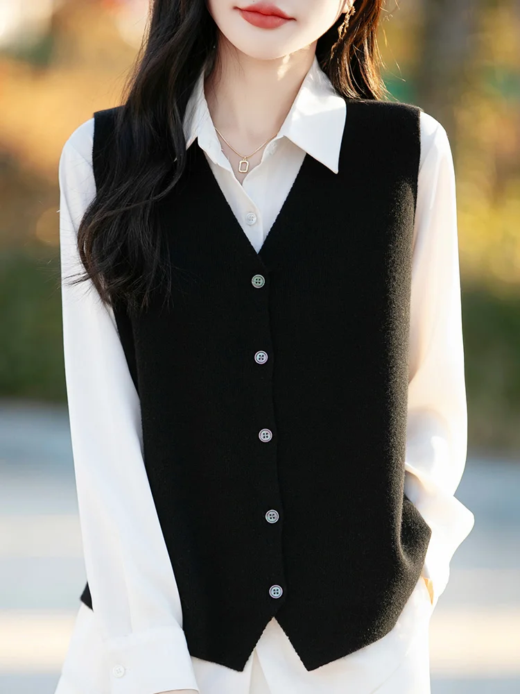 

Женский жилет с V-образным вырезом из 100% мериносовой шерсти, без рукавов, весна-осень-зима, однотонный, повседневный