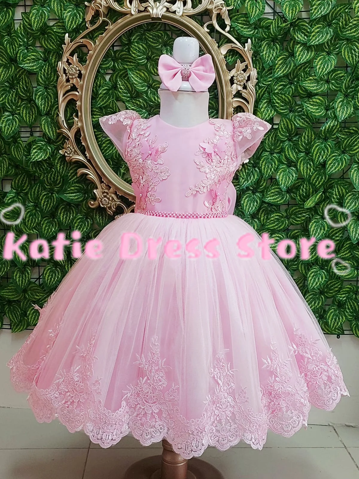 Pink Flower Girl Dress For Wedding Pearls Applique With Bow Elegant Kids Birthday Party First Communion Ball Gowns Customized