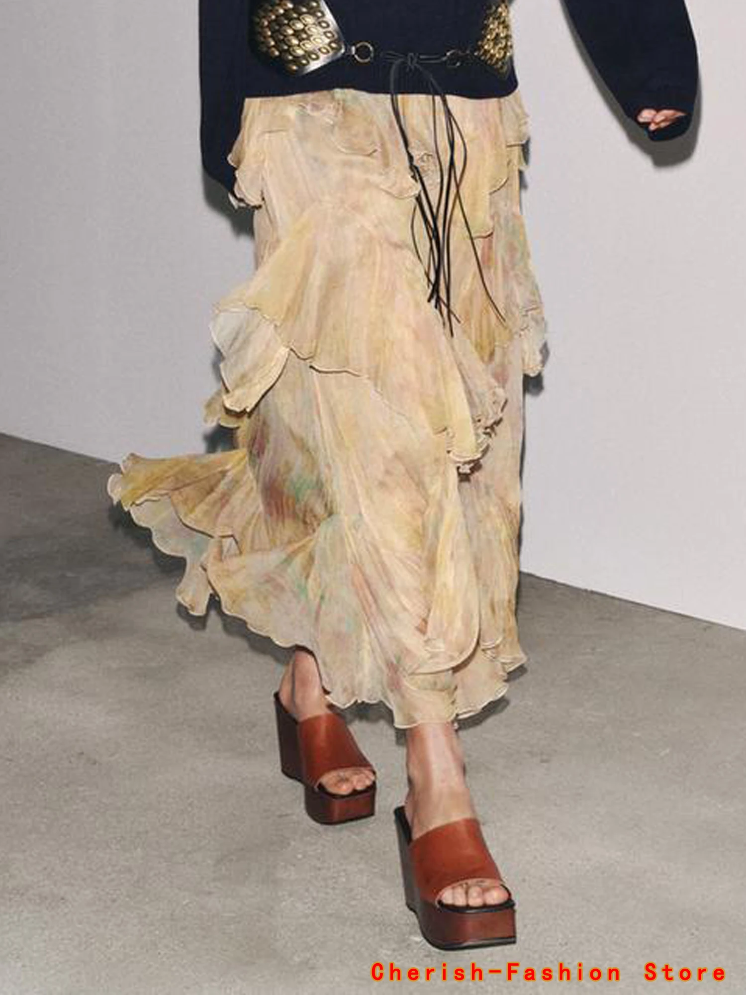 Spódnica w stylu francuskim z kwiatową koronką, linia A, wiosna-jesień, nowa damska spódnica z falbanami, drukowana spódnica do połowy łydki, włókno poliestrowe.