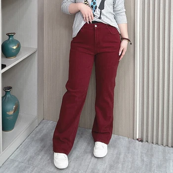 Plus Size High Waisted Jeans Women Fall New Loose Wine Red Stretched Casual Straight Leg Long Pants 8921