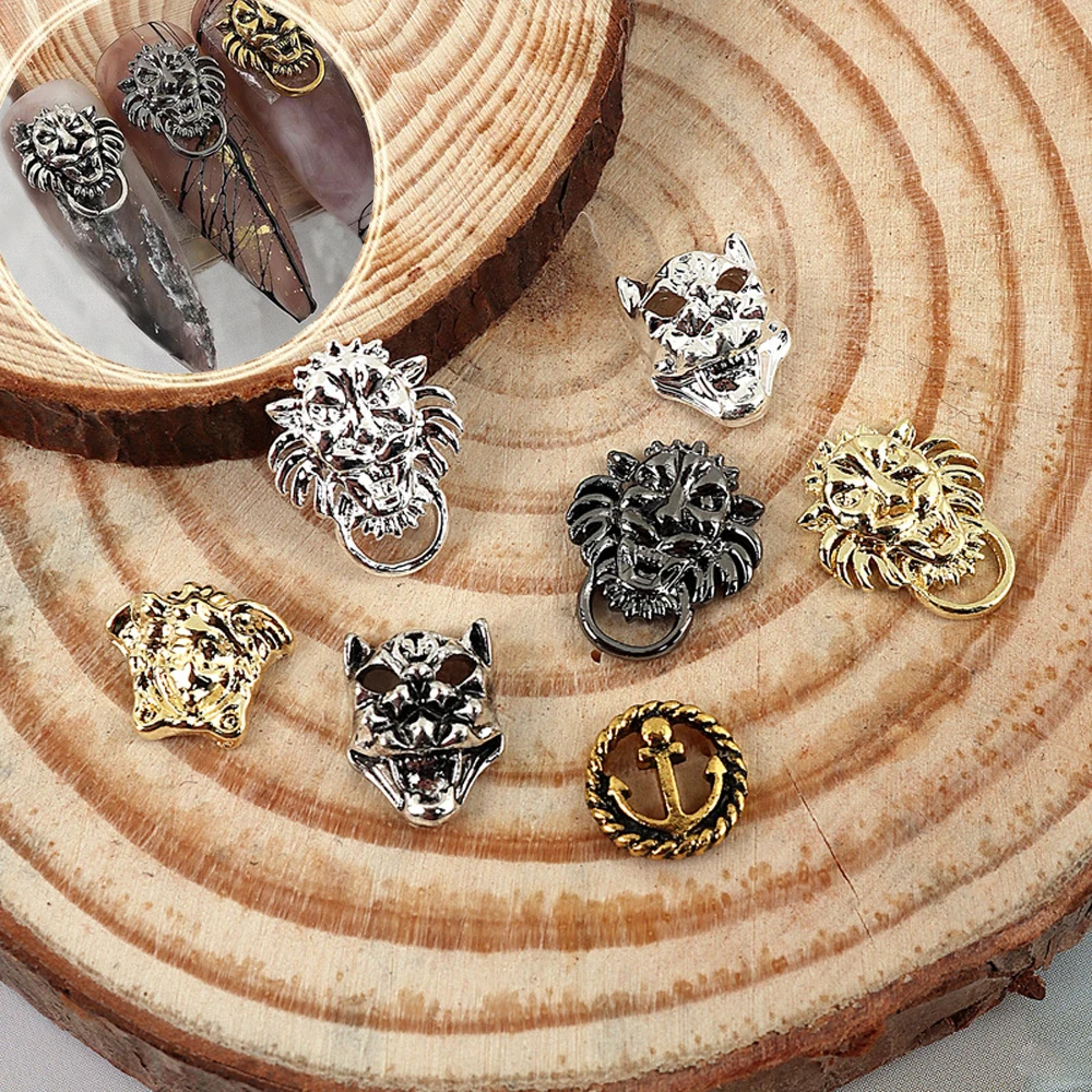 10Pcs Retro Punk Alloy Nail Art Charm Metal Animal Leopard Pistol Lion Boat Anchor Nail Ornament DIY Exquisite Nail Accessories