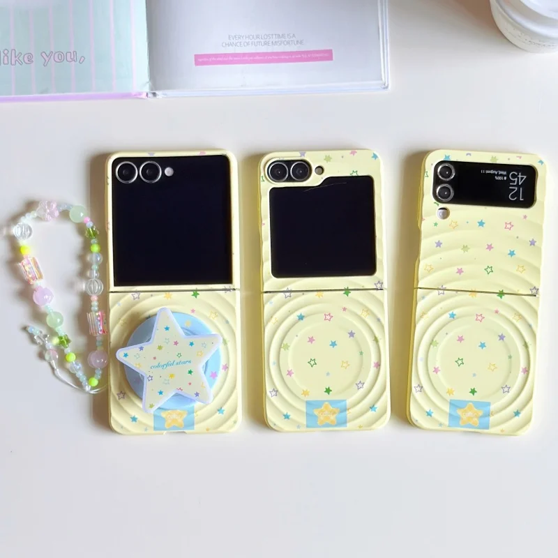 Korean Cute Star Magnetic Phone Case For Samsung Galaxy Z Flip 7 6 5 4 Z Flip6 Flip7 Cover with Magsafe Stand Holder Chain Cases