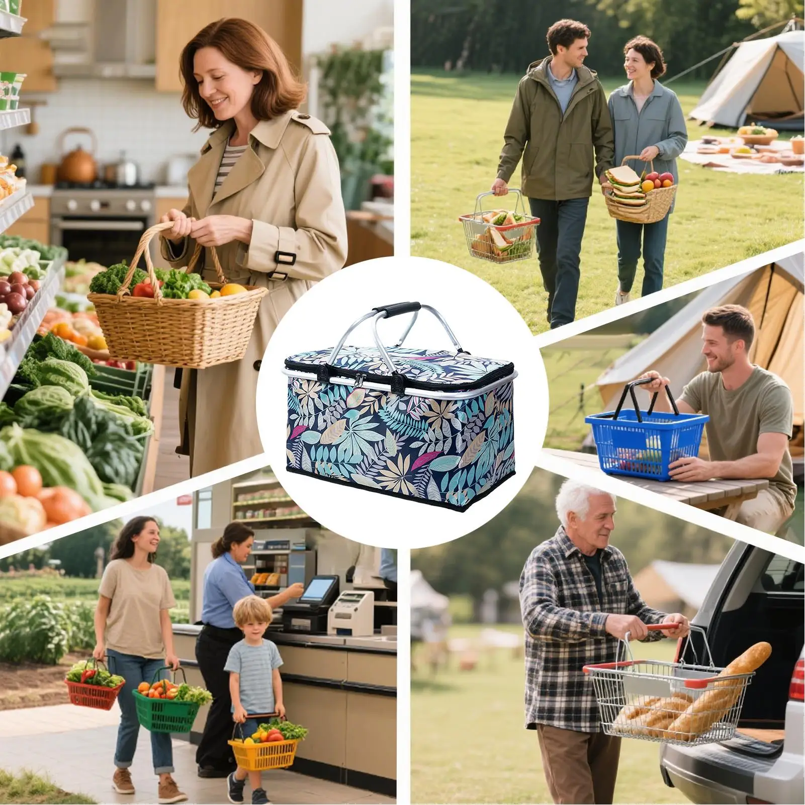 Cestino della spesa con manici Cestino del mercato pieghevole Borsa da picnic Borsa termica riutilizzabile da 30 litri per cibo da viaggio su strada per la pesca all'aperto