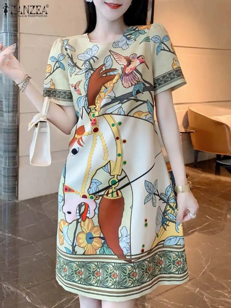 2024 ZANZEA Vintage Women O Neck Short Sleeve Dress Summer Casual Robe Femme Vestido Fashion Floral Printed Knee-length Sundress