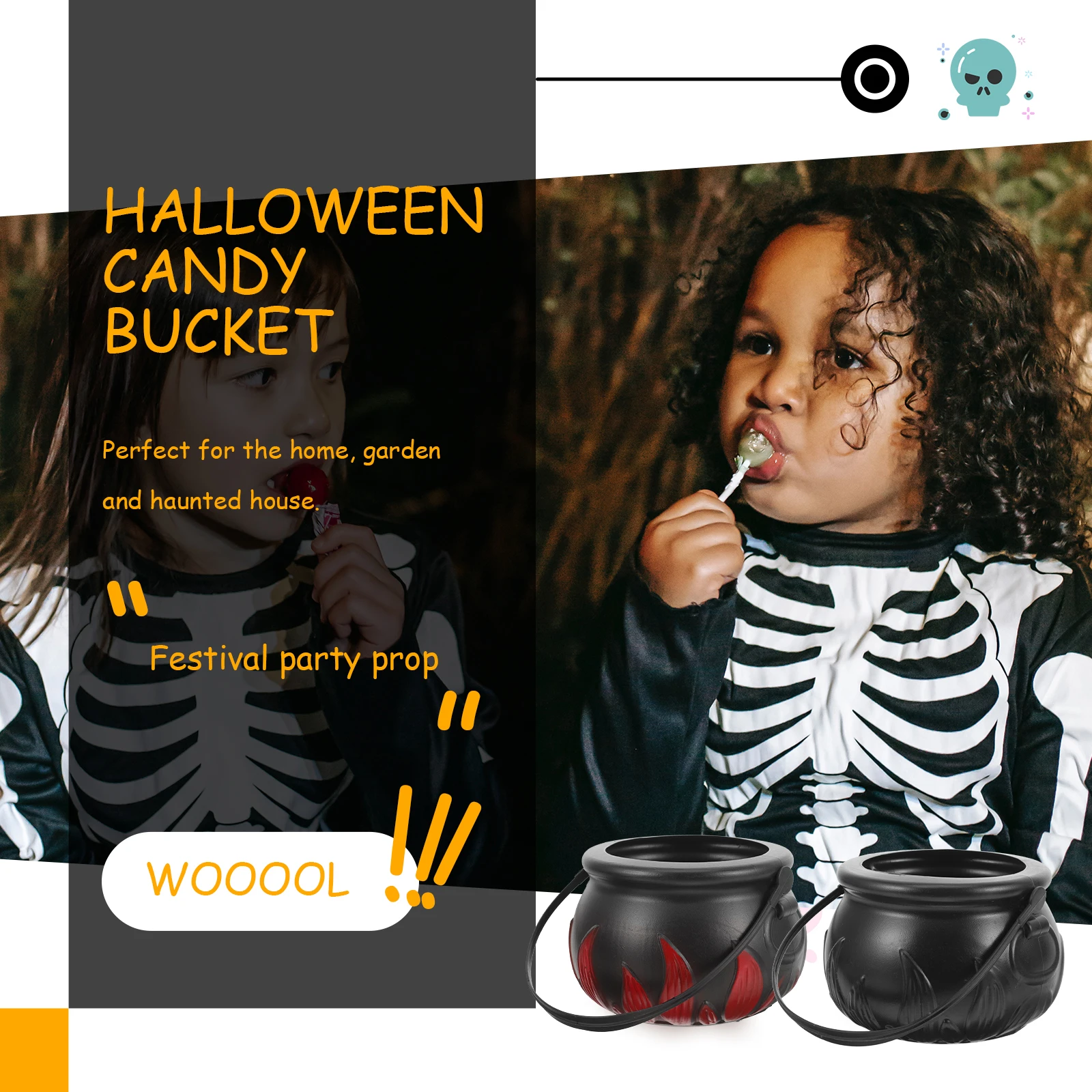 

2pcs Flame Candy Bucket Plastic Cauldron Handheld Trick Or Treat Pot For Kids Halloween Party Decor Witch Black Kettle Storage