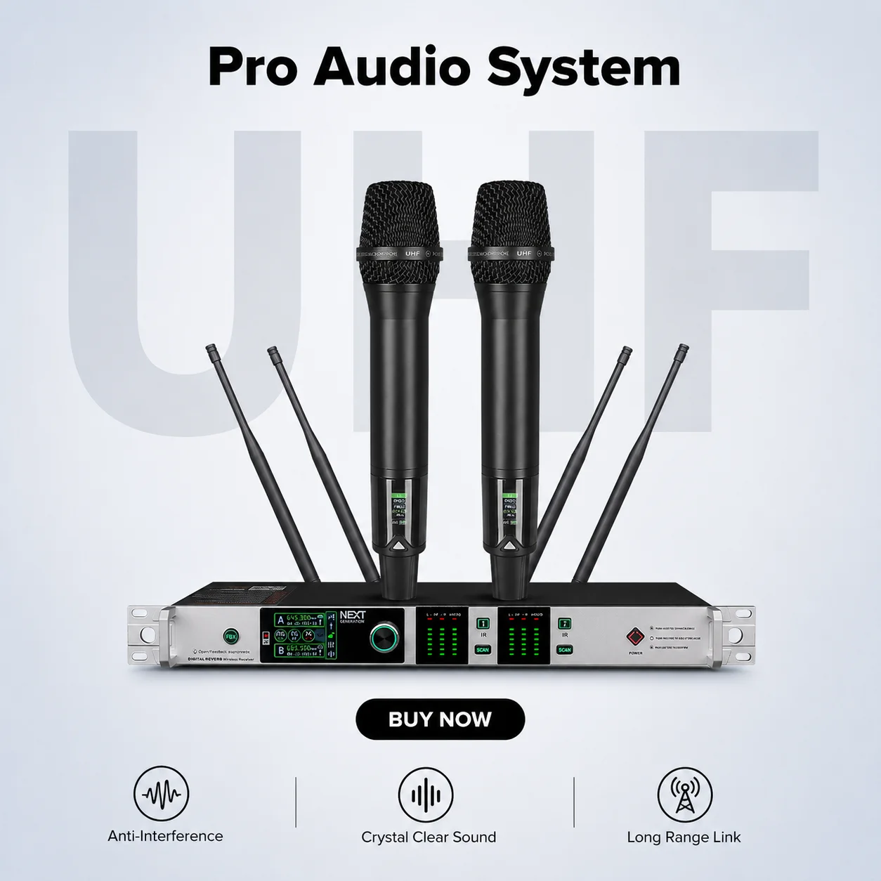 

Wireless Microphone 1 to 2, 4-Antenna True Diversity Anti-Howling, Professional Mic for Home KTV & Stage Performance