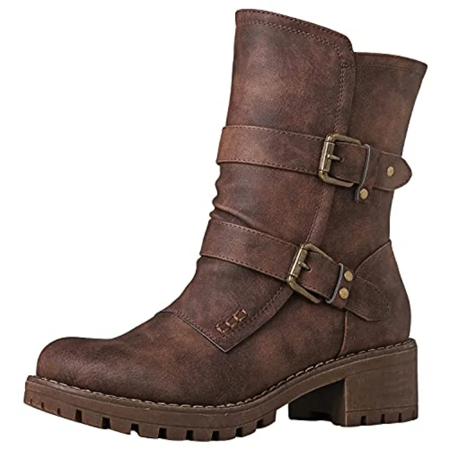 GLOBALWIN Lace up Mid Calf Motorcycle Fashion Festival Boots Combat Riding Military Boots for Women