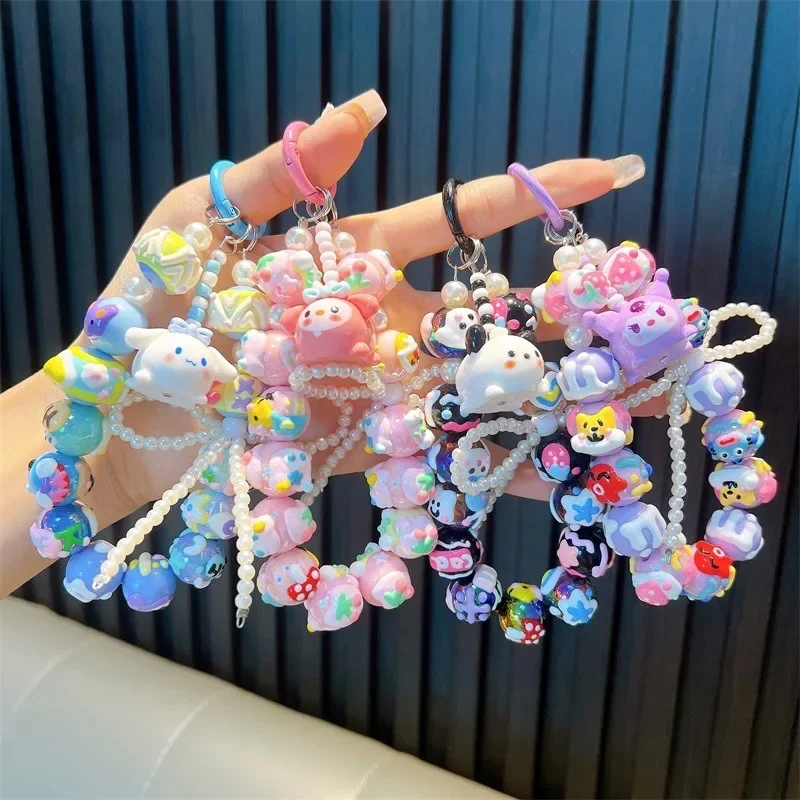 

New Kawaii Hello Kitty Phone Chain W/Card Bowknot Beads Melody Charm Wrist Strap Earphone Case Pendant Bag Accessories Gift