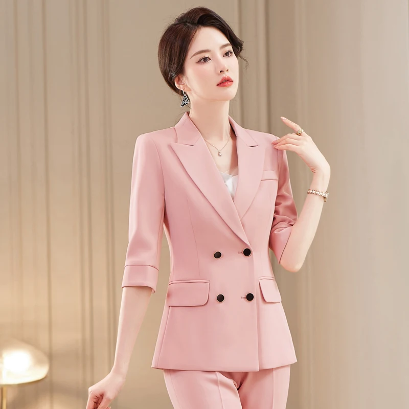 Pink Suits Women Fashion New 2023 Spring Temperament Porfessional Slim Half Sleeve Blazer And Pants Office Ladies Work Wear