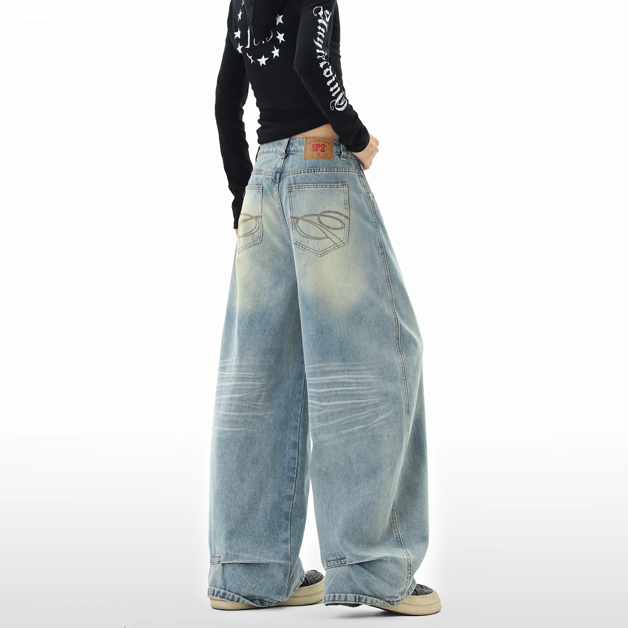2025 New Wash Men Baggy Jeans Man High Quality Loose Fit Dragging Pants Irregular Back Pockets Design Casual Streetwear Denim