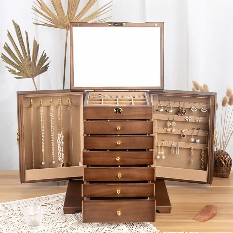 Solid Wood Jewelry Box Retro Jewelry Organizer Case Large Capacity Bracelet Collection Boxes Desktop Necklace Storage Cases