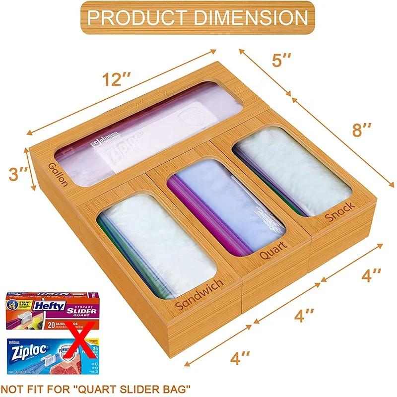 Bamboo Ziplock Bag Storage Organizer Dispenser For Kitchen Drawer Suitable For Sandwich & Snack Variety Size Bag