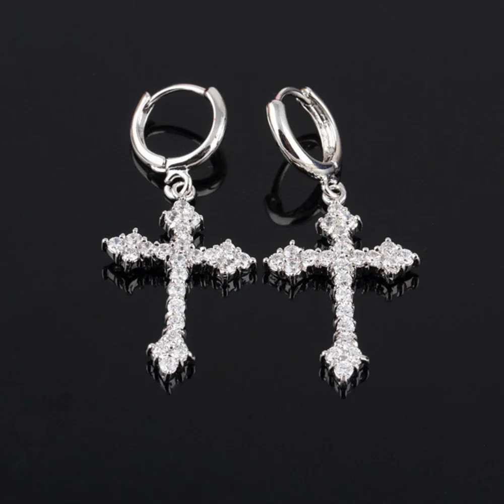 Hip-hop Punk 925 Sterling Silver Fully Inlaid Zircon Cross Pendant Hoop Earrings for Women Fashion Dangle Earrings Jewelry Gifts