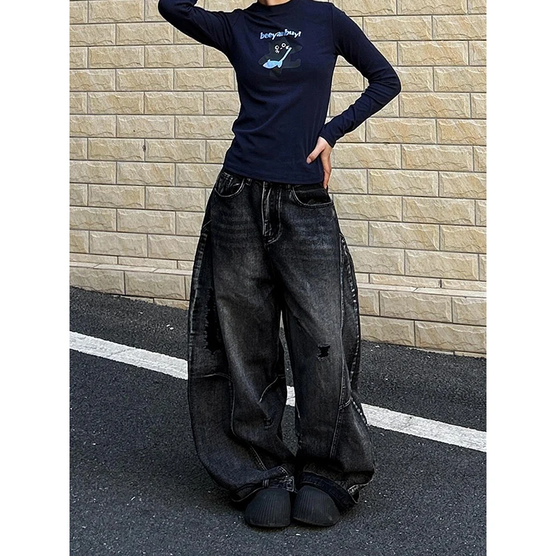 ZHIZOU Damen Tomboy Dark Academia Baggy Low Rise Mom Jean Japanische Y2K Harajuku Denim Hose mit weitem Bein 2000er Cyber Punk Grunge