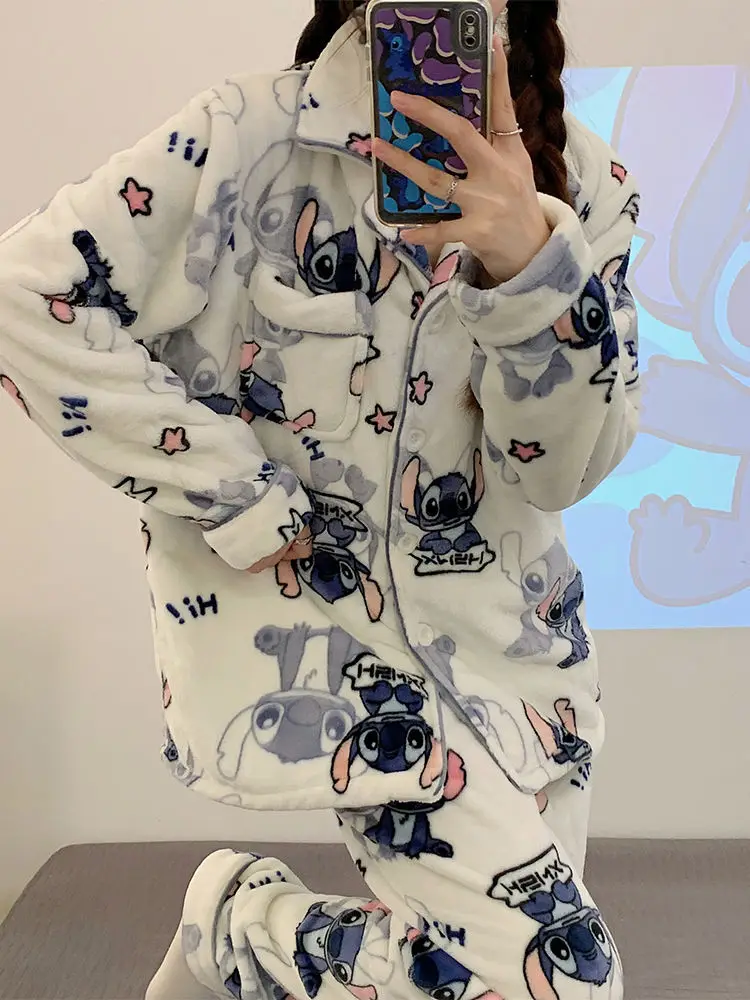 New Stitch-themed Plush Fluffy Sleepwear Pajamas Women\'s Autumn and Winter Flannel Thickened and Velvet Home Casual 2 Pcs Set