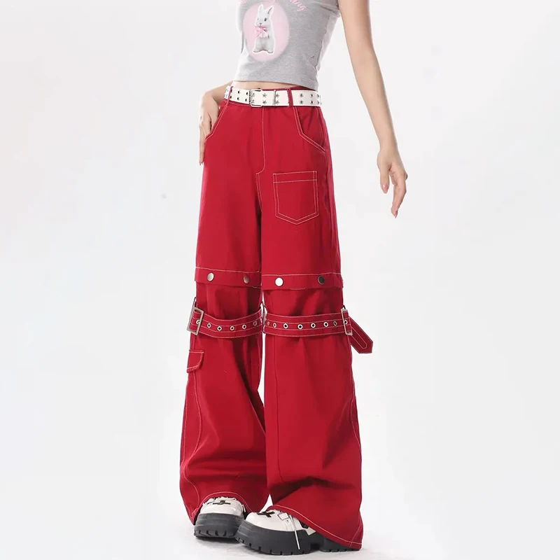 Vintage Red Splice Removable Y2k Baggy Jeans Women Aemican Style Streetwear Lacing Button Trousers Wide Leg Women\'s Denim Pants