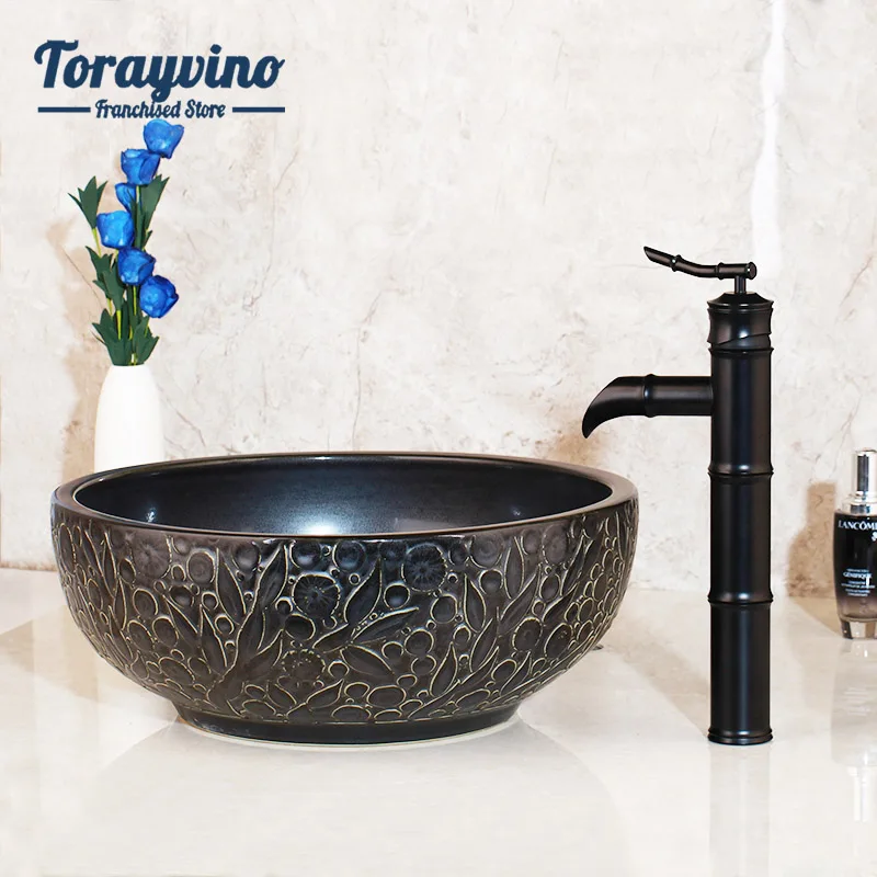 Lavatory Black Handpaint Art Ceramic Vessel Bathroom Sink Set Black Plated Teapot Spout Bathroom Faucet Design Basin Mixer Tap