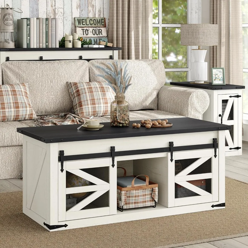 Lift Top Coffee Table com porta de celeiro deslizante, moderno e antigo, mesa central retangular, grande armazenamento, 47.3ft