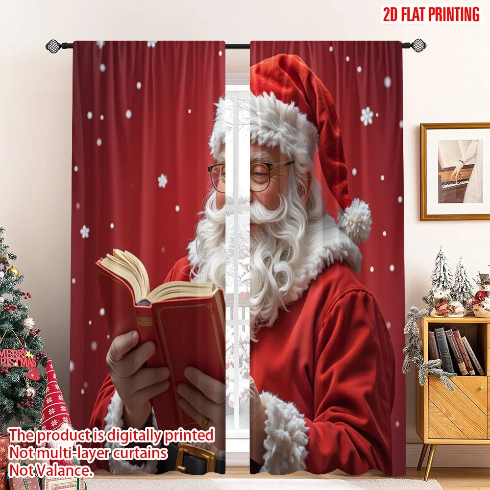 

2pcs 2D flat printing Christmas Window Curtains Santa Reading Snowing Festive 100% Polyester Fabric Without Electricity Festive