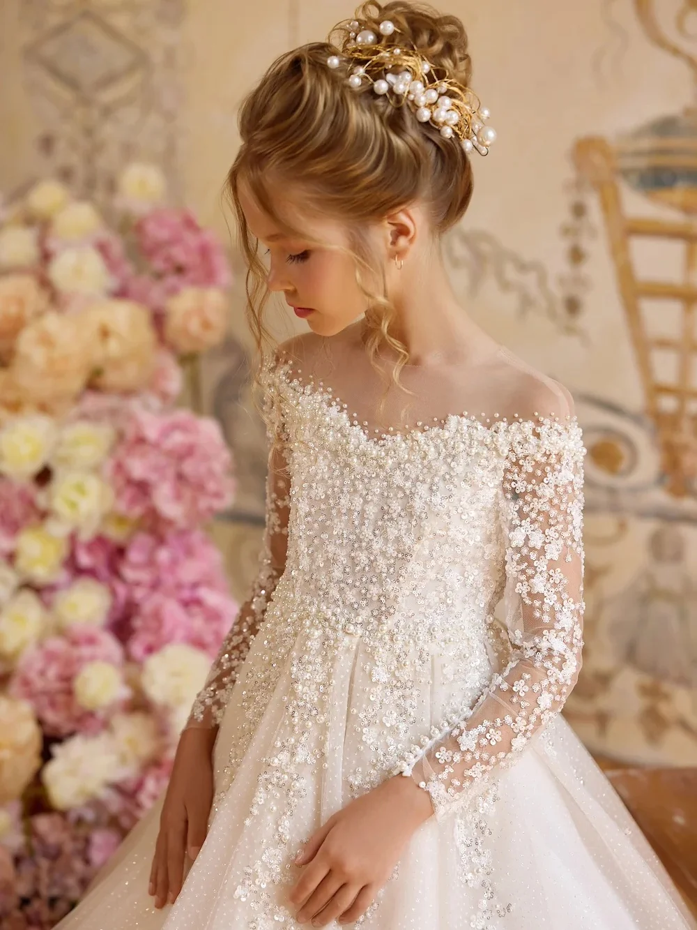 Elegant Off Shoulder Flower Girls Dresses For Wedding Exquisite Beads Pearls A-line Long Princess Gown For Kids Birthday Party