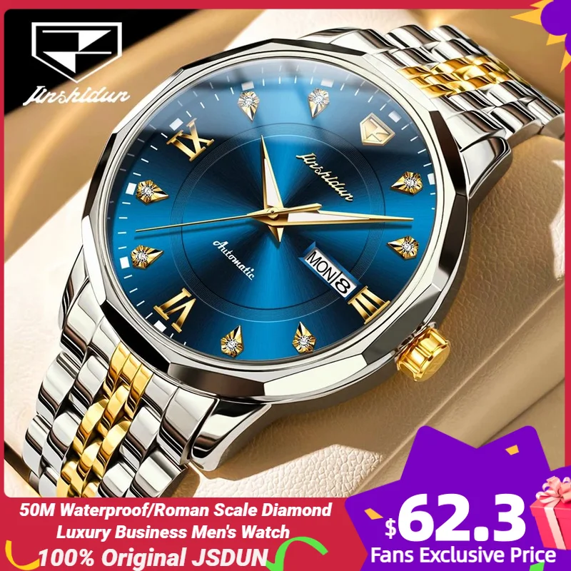 

JSDUN 8948 оригинальные автоматические мужские часы Роскошные деловые 50 м водонепроницаемые светящиеся наручные часы из нержавеющей стали механические часы