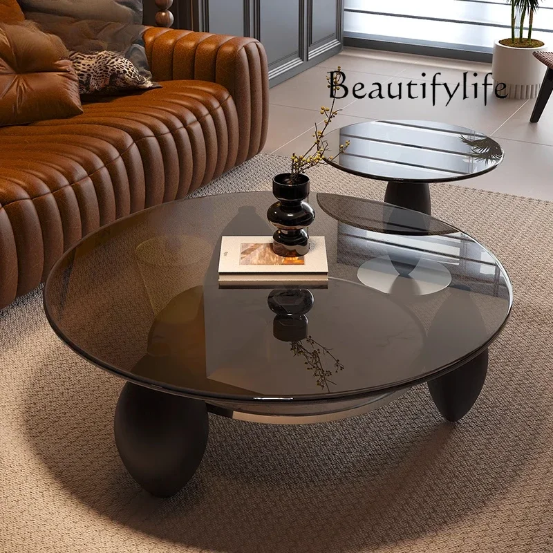 Minimal light luxury tempered glass coffee table combination sofa edge few round size coffee table