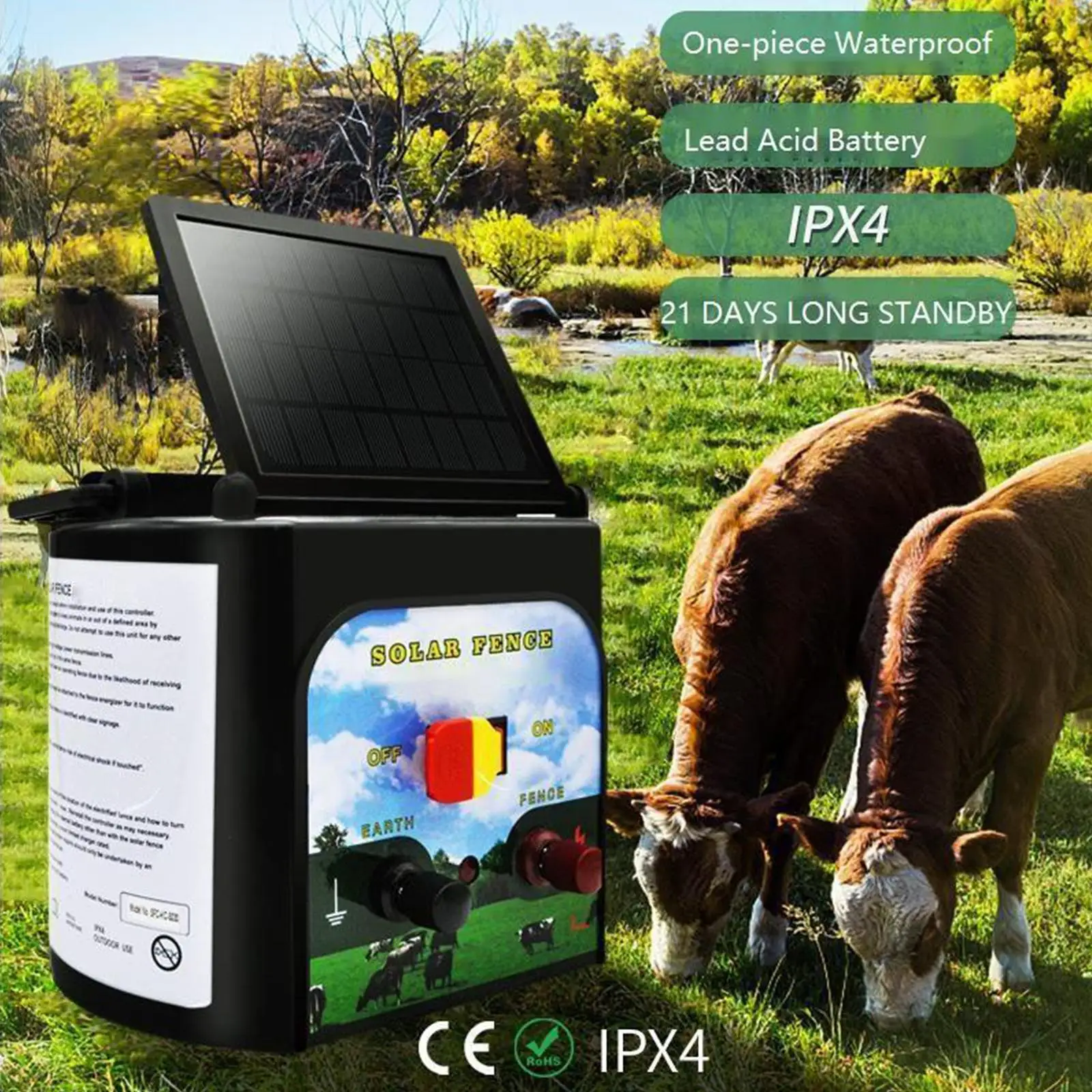 8KM Solar Electronic Fence Charger 0.3 Joules Electronic Fence Energizer for Livestock Farm Garden Orchard Protection Waterproof