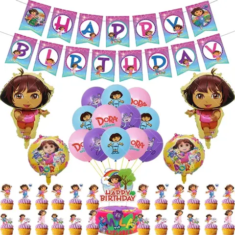 Dora Balloon Cartoon Girl Ballons Happy Birthday Banner Party Decoration Monkey Cake Topper Supplies Gift Disposable Tableware