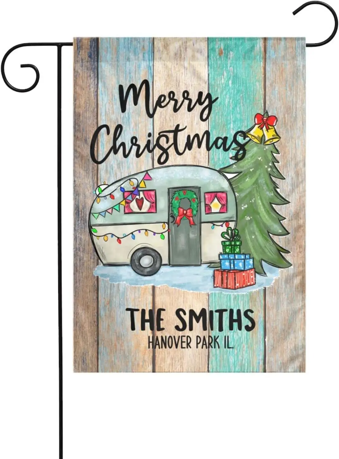 Rustic Turquoise Wood Christmas RV Van Camper Flag Personalized Farmhouse Camping Garden Flags Decoration Gifts, Custom Happy Ca