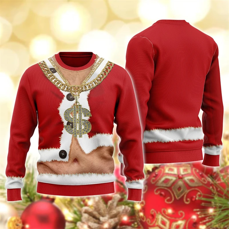 Camisola gráfica Cosplay Papai Noel dos homens, roupas de design engraçado, moletons de gola natalícia, camisola de Natal casual, 2025