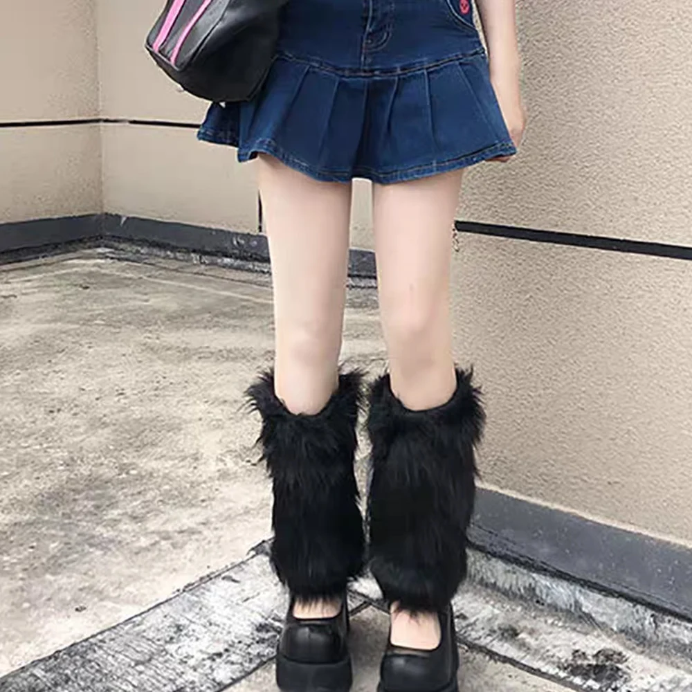 Japanese White Faux Fur Leg Warmers Boot Covers Y2K Goth Solid Leg Socks Punk Jk Knee-length Hiphop Hotgirl Fashion Warm Sock