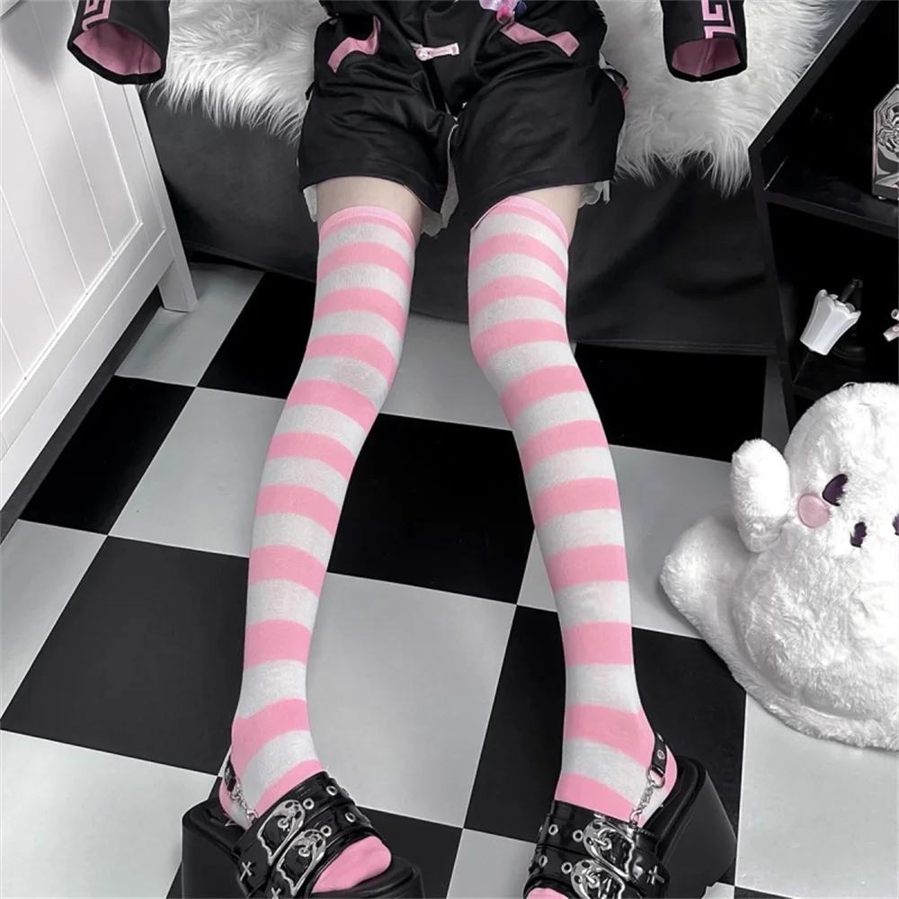 Calze a forma di piede in cotone elasticizzato 60D calze lunghe sopra il ginocchio a righe nere blu rosa JK Lolita Anime Cosplay Medias