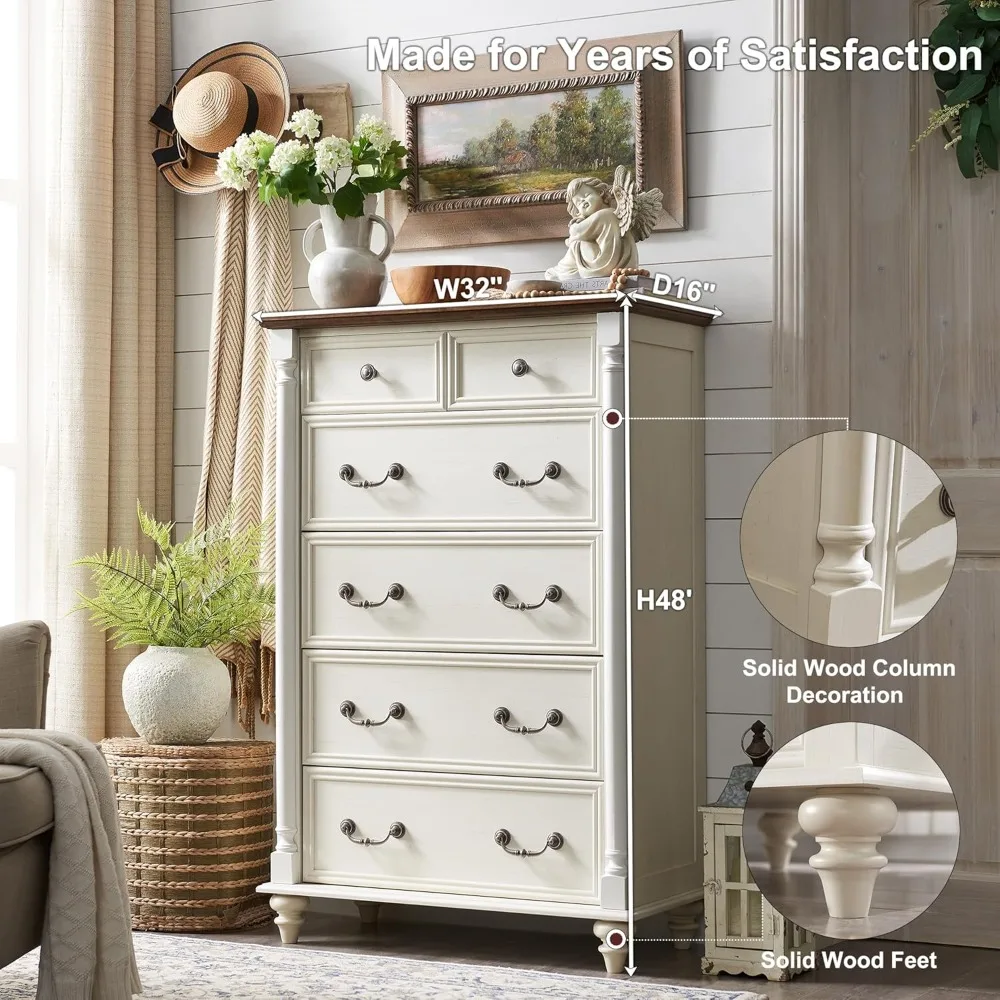 Farmhouse 6 Drawers Dresser Chests for Bedroom w/4 Solid Wood Feet &Column Decor, Tall Wood Rustic Chest of Drawers