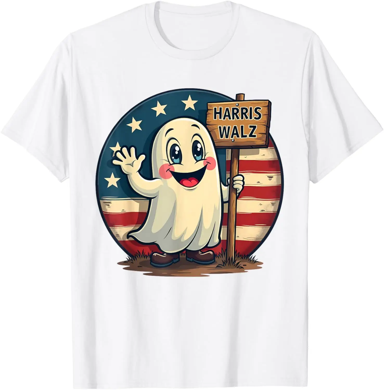 

Happy Ghost Harris Walz 2024 American Flag Patriotic Fun T-Shirt