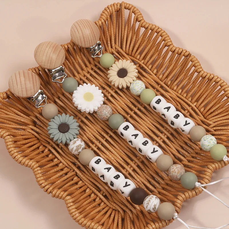 

Custom Name Wooden Personalized Baby Pacifier Chain Silicone Bead Dummy Nipple Holder Guard Teether Pendant Newborn Gift Stuff