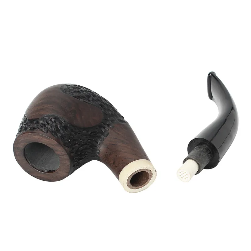 MUXIANG-Ebony Wooden Carved Smoking Pipe, Curved Handle, Imitation Ivory Ring, 9mm Filters, Free 10 Pipe Tools, wgac0024k01