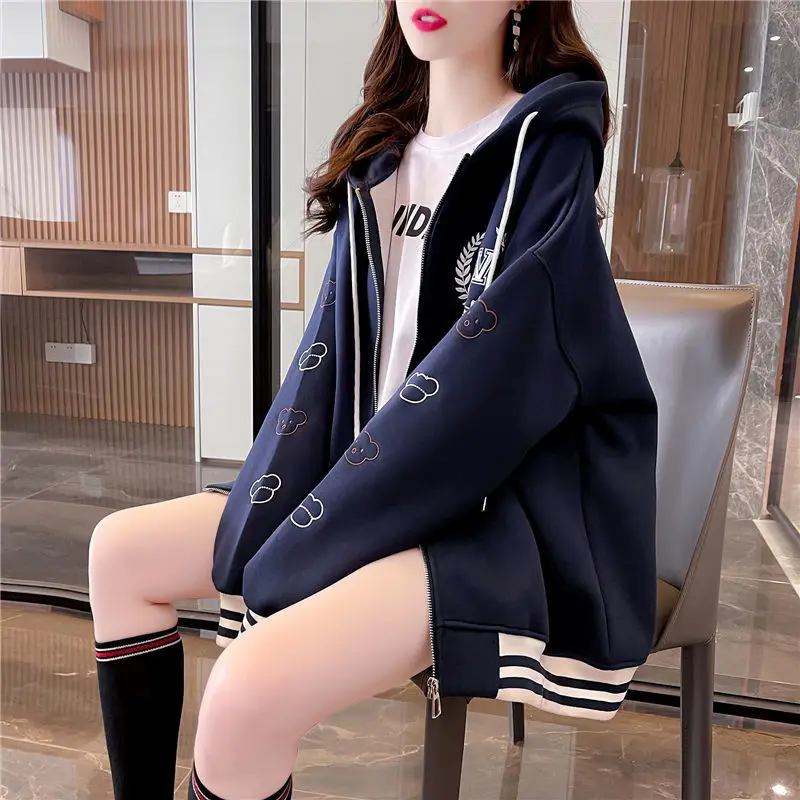 Preppy Style Zip Up Hoodies Women Kawaii Cartoon Bear Print Long Sleeve Hooded Sweatshirt Y2k Zipper Cardigan Baseball Suit Coat