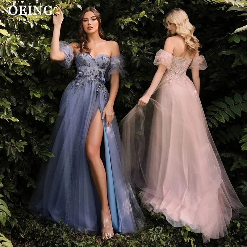 

OEING Sweetheart A Line Prom Dresses Fairy 3D Flower Sexy High Slit Evening Gowns Graduation Long Wedding Party Dress Gala