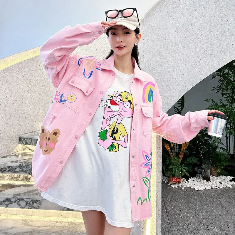 

Pink Denim Shirt for Women 2025 New Spring Plus Loose and Stylish Jacket, Layered with Korean Version High-end Top