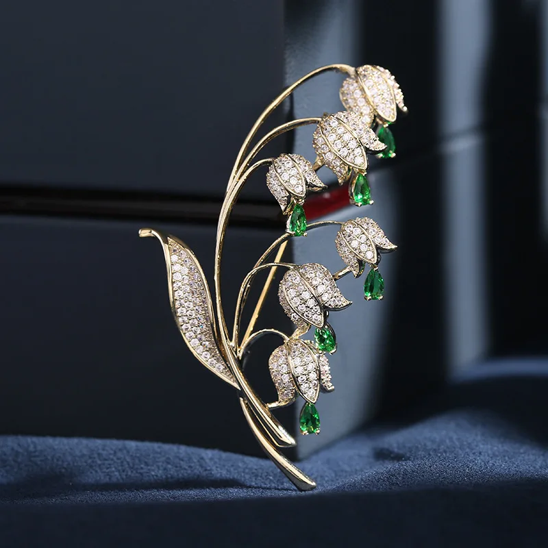 

New Trendy High-End Zircon Inlaid Brooch Wholesale Suit Coat Accessories Women Cardigan Pin Lily of the Valley Brooch