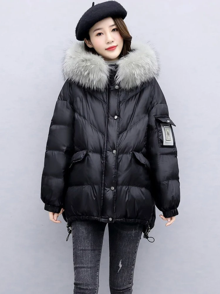 Winter Fur Collar White Down Duck Parka Hooded Winter Down Jacket Women\'s White Duck Down Jacket Thick Warm Parka