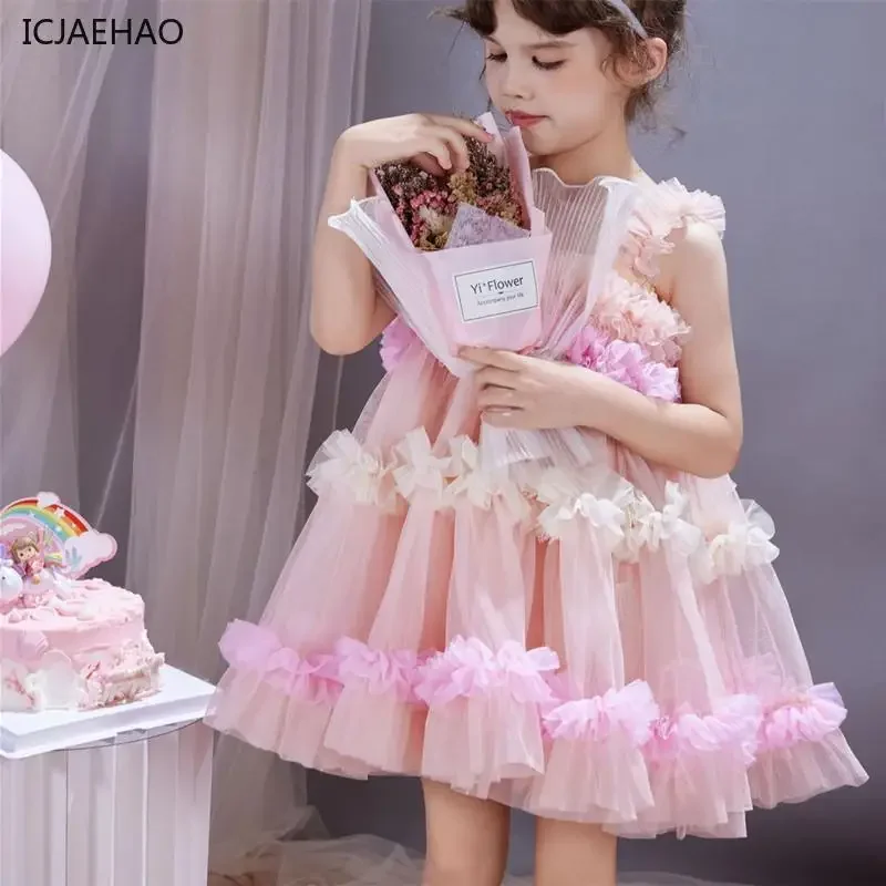 

ICJAEHAO 2024 Girl Birthday Party Princess Dresses Kids Boutique Ball Performance Children Costume Sweet Cute Sleeveless Tulle