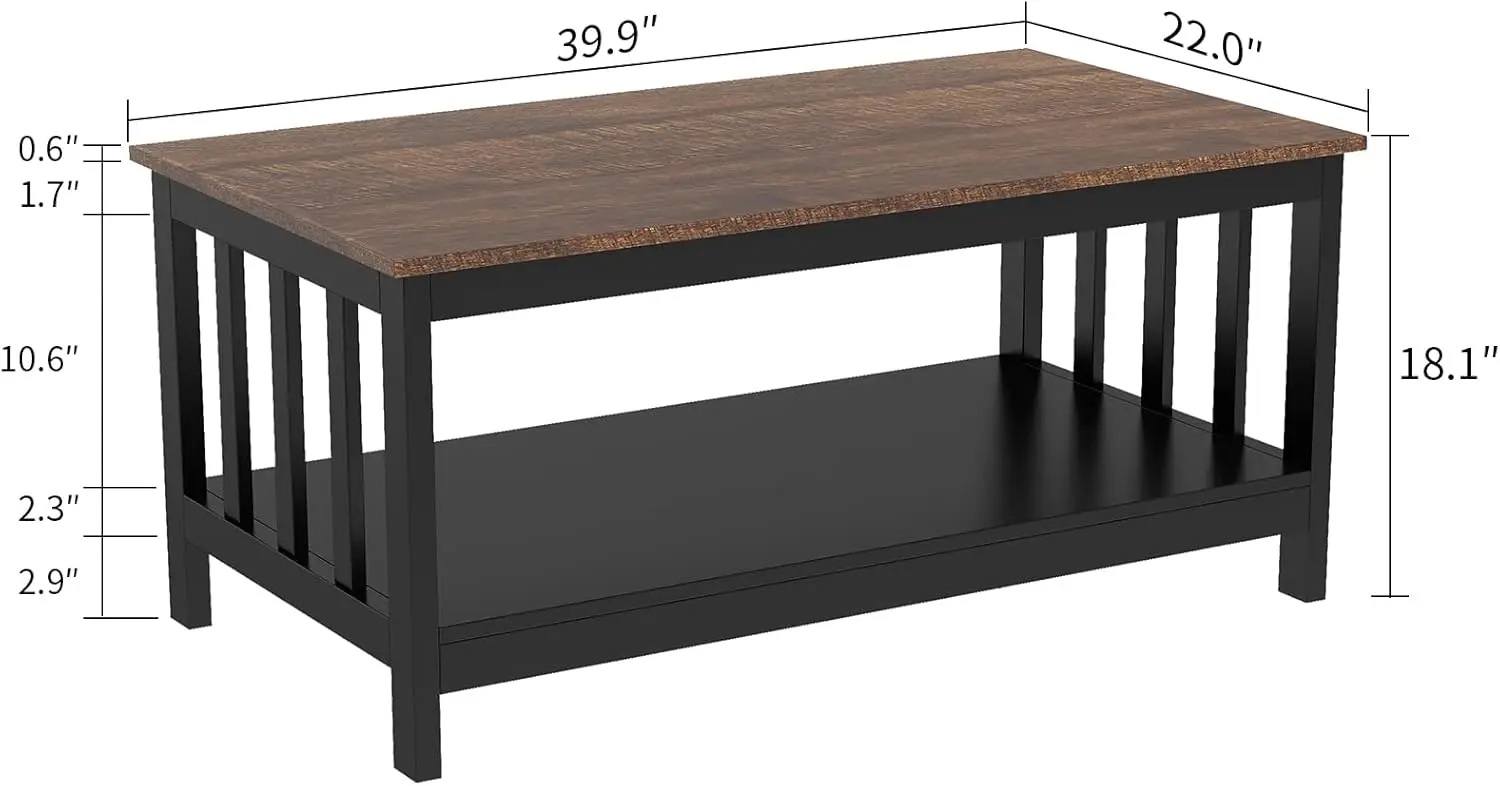 

Farmhouse Coffee Table, Black Living Room Table with Shelf, 40 Inch