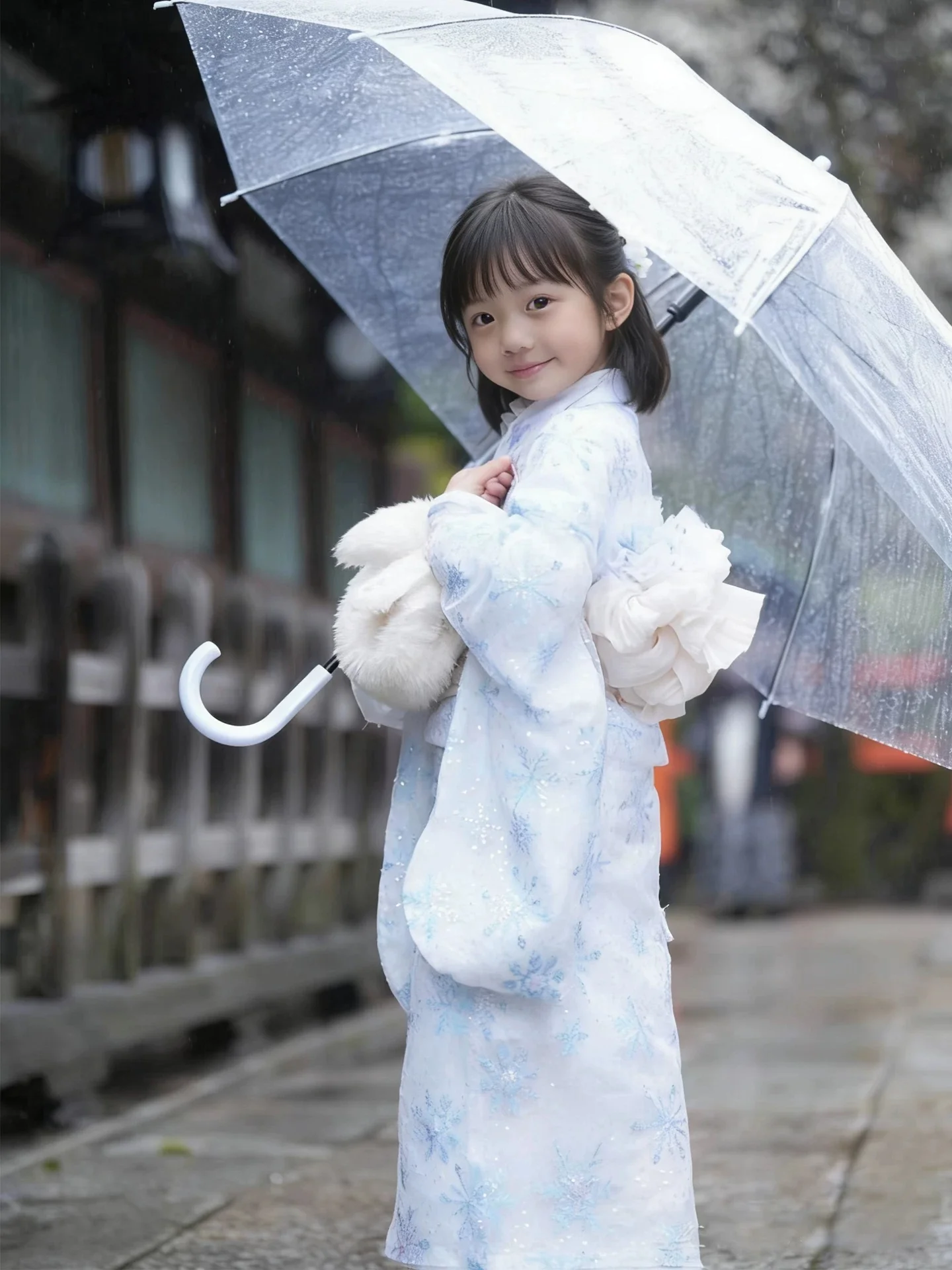 

Kid's Japanese Style Kimono Traditional Formal Yukata Snowflake Prints Girl's Long Dress Stage Performing Wear