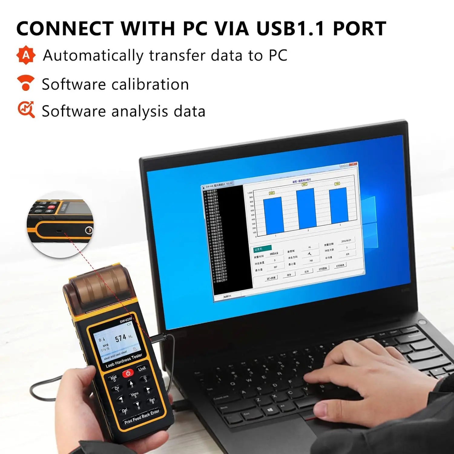 Metal Hardness Tester with Printer, 170~960 HLD, Digital Non-Destructive Leeb Testing with USB Output PC Software Analysis